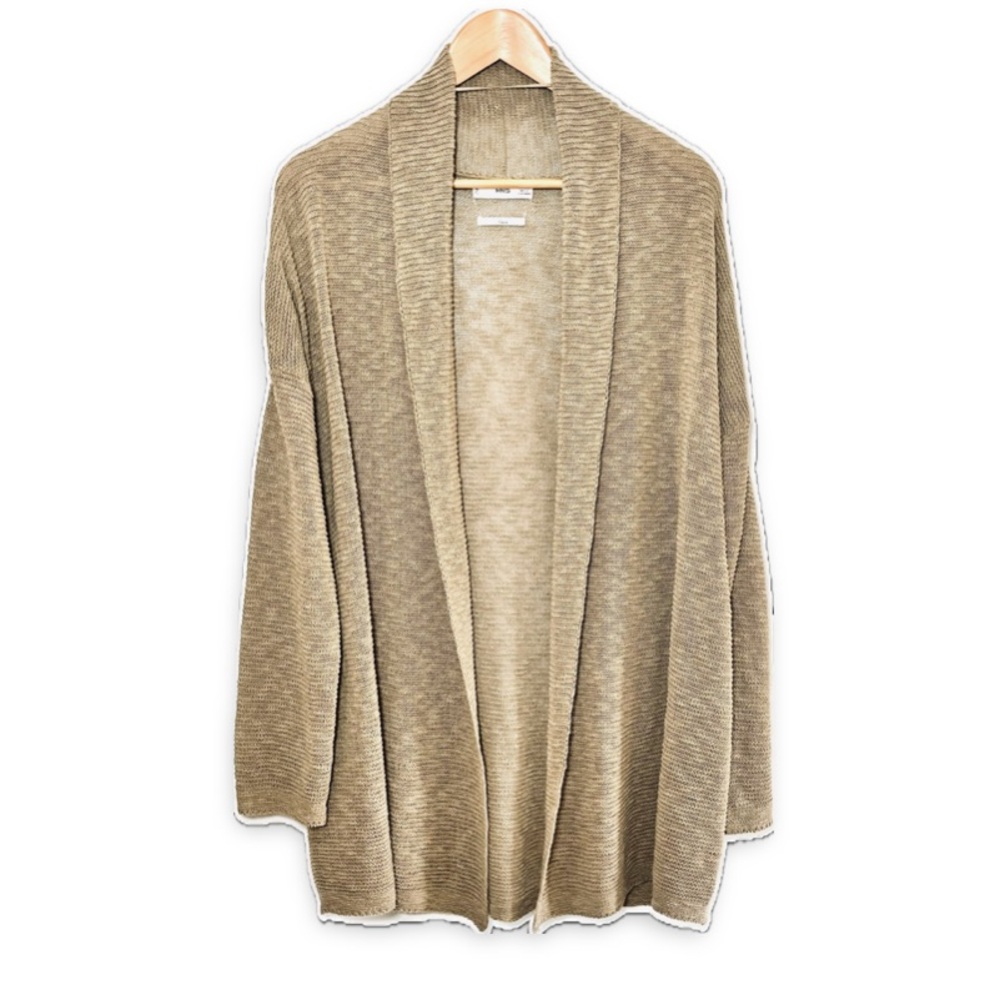 MNG Linen Cardigan Taupe Open Front Neutral Long-Line Minimalist Mango